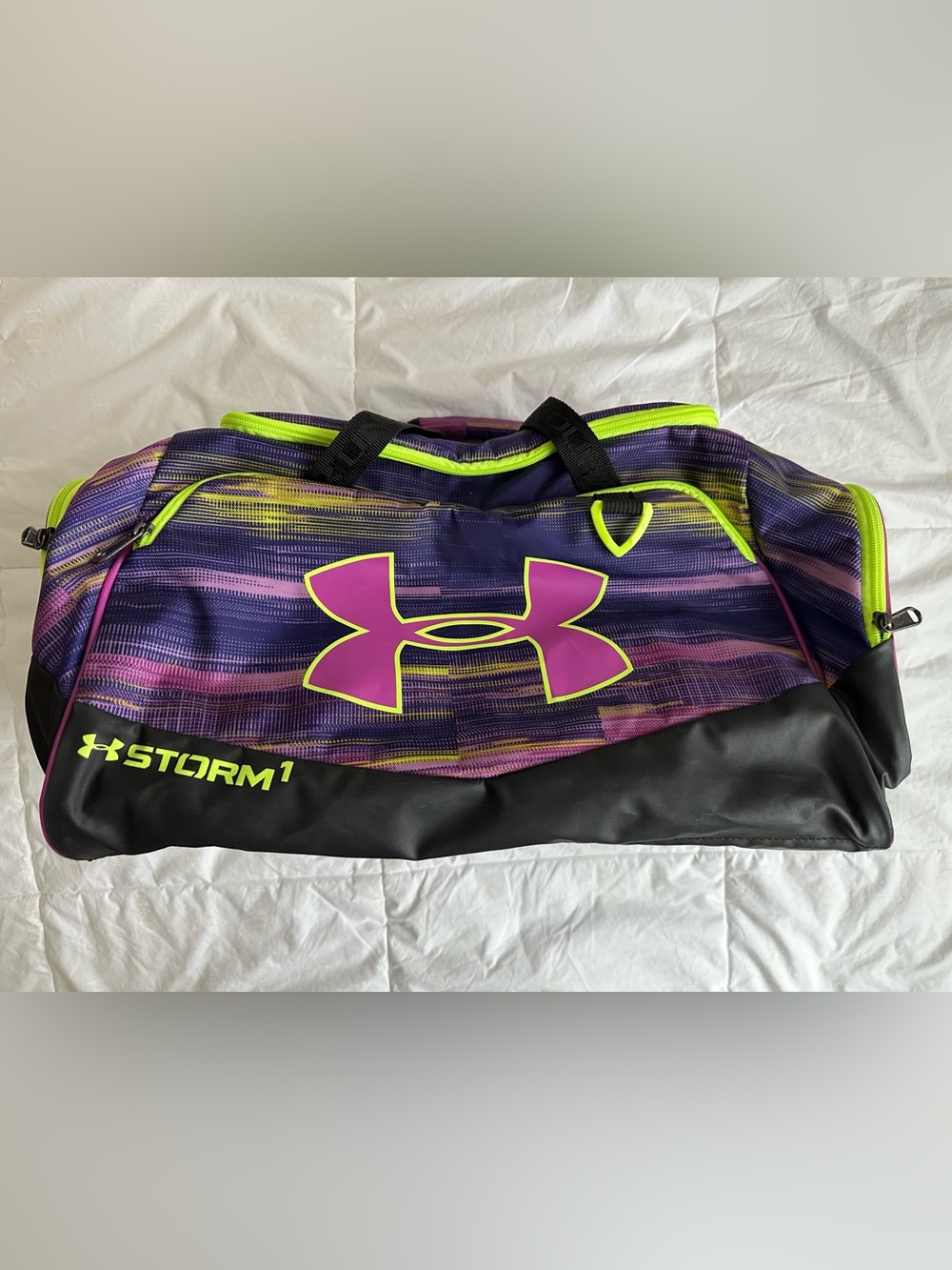 Under Armour Purple Duffel Bag with Neon Yellow Trim